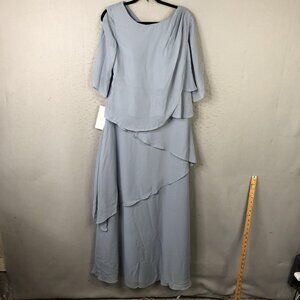 Evening Maxi Dress Womens Large Layered Chiffon Formal 3/4 Sleeve Gown Tie Back